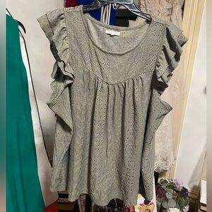 Olive Green Ruffle Sleeve Eyelet Top